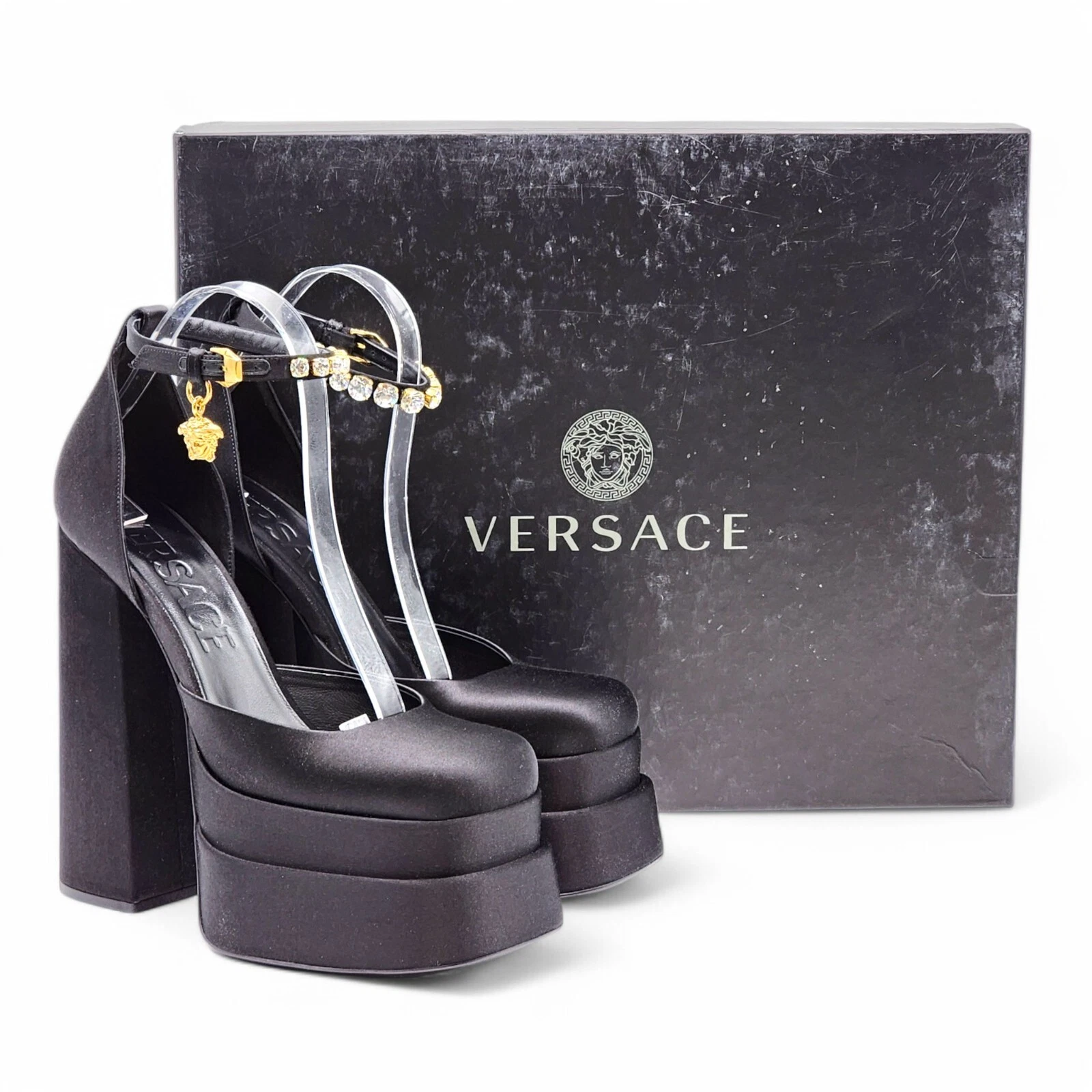Versace Medusa Aevitas décolleté in raso doppia plateau nere EU 40 US 10 $1445
