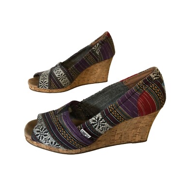 Toms Open Toe Canvas Shoes Womens Size 9W Cork Heel Hippie Boho Colorful Wedge