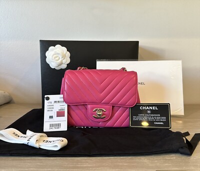 Chanel Mini Square Flap 17S Fuchsia Pink Chevron Lambskin Light