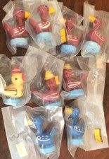 Vtg Wooden Ornaments Pair of Ducks Birds Red Blue Hand Painted Art Craft Doll