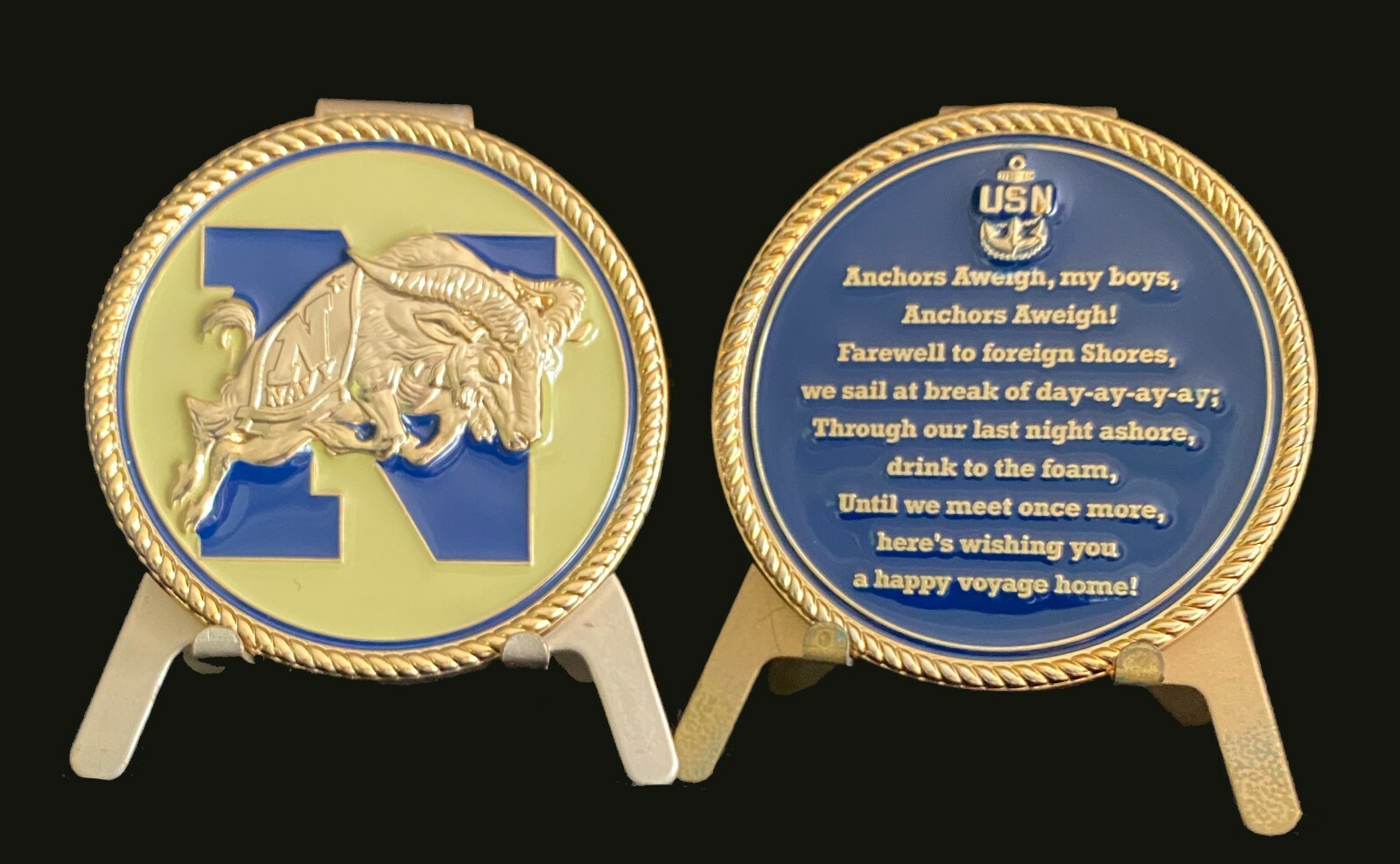 US NAVY USNA CHALLENGE COIN ANCHORS AWEIGH SONG GOLD NICE NAVY GIFT 2.2