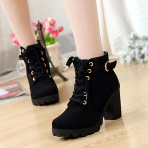 Womens Casual High Block Heel Round Toe Bootie Ladies Lace Up Platform Boots - Picture 1 of 13