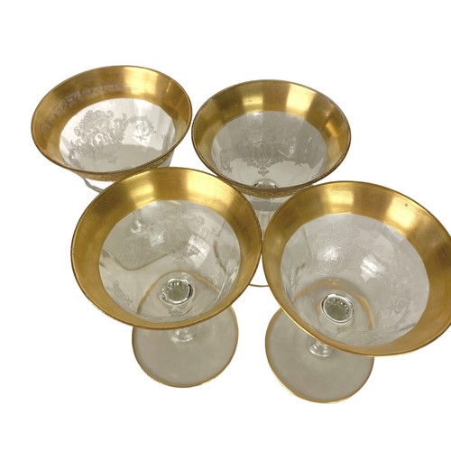 Tiffin Gold Encrusted Set 4 Champagne Cordials Etched Flamingo Paneled 4” Tall - Picture 8 of 8