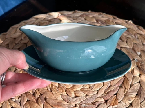 Gravy Boat with Attached Underplate  Peacock by FLINTRIDGE Teal Green Vintage
