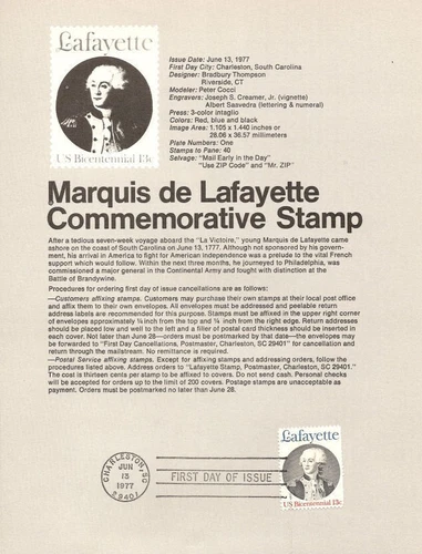 MARQUIS DE LAFAYETTE FRENCH LEADER 1977 USPS FIRST DAY SOUVENIR PAGE #1716
