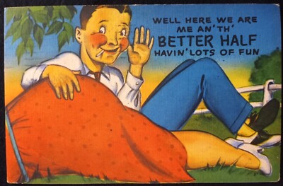 Here with me and the Better Half Woman Dress Man Comic Humor 1953 Postcard A26