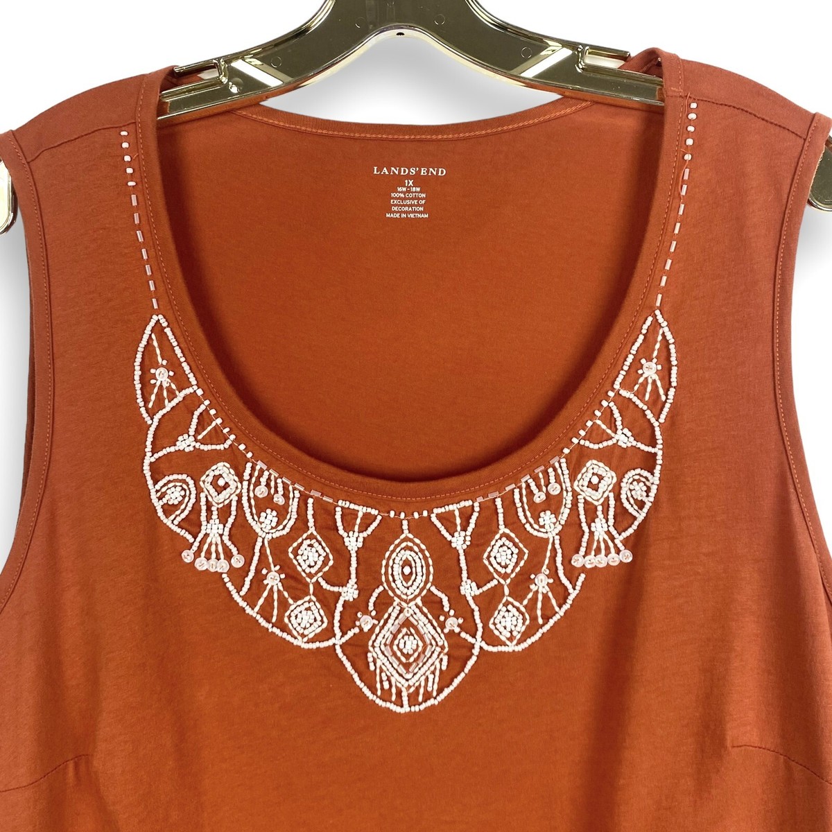 Lands End Size 1X 16W-18W Tank Top Beaded Rusty Orange Jersey Knit