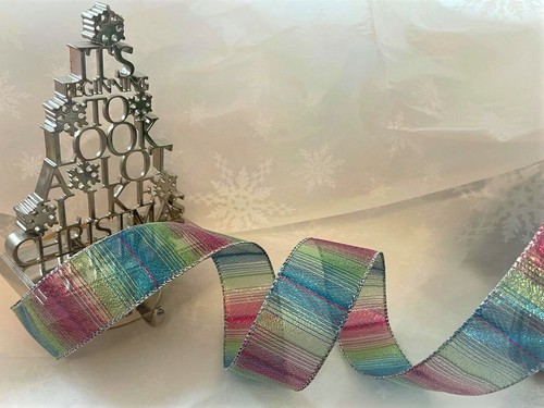 CANDY RAINBOW Glitter stripes on Organza Christmas - Luxury Wire Edge Ribbon - Picture 2 of 7