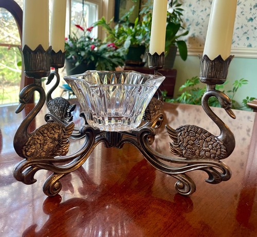 Vintage Swan Candle Holder Centerpiece Taper Candles Silver Tone Candelabra - Picture 2 of 7