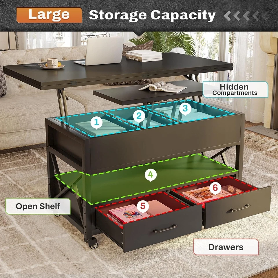 Mesa de Centro Elevable 40" con 2 Cajones y Luz LED, Mesa de Centro 4 en 1 (Negro) Foto 3 de 4