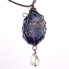 Boho Copper Wire Wrapped Blue Sodalite Yellow Citrine Stone Pendant Necklace