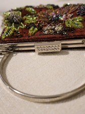 Vintage Sequin  Glass Bead Brown Floral Handbag, Top Handle, Metal Frame