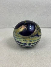 Lundberg Studios 2001 Art Glass Paperweight 3 1/4” Moon Stars "Starry Night"