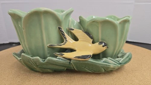 1949 Vintage McCoy Double Vase Planter - Green Tulip Pot Yellow Bird
