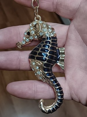 Seahorse 3D Keychain Bling Bling Rhinestone Black Enamel Keyring Handbag Charm
