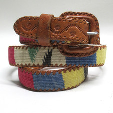 Vtg Southwestern Needlepoint Belt M Multicolor Block Tooled Leather Whipstitch