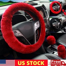 3pcs Wool Fur Furry Car Steering Wheel Cover Handbrake Cover Gear Shift Cover