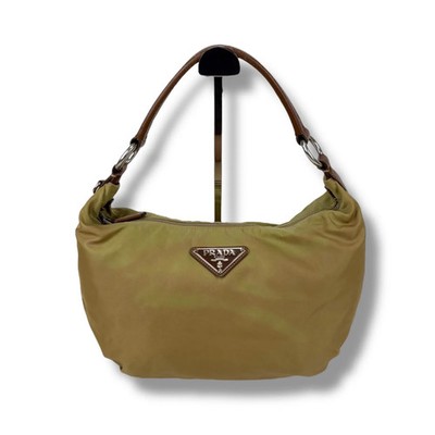 Prada Triangle Logo One Shoulder Bag Khaki Nylon Saffiano Leather