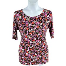 Agnes  Dora Floral Hi Lo Tunic Tee Womens L 3/4 Sleeve Black Red Purple NWT