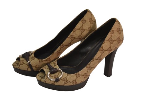 Gucci Shoes Womens Size 7 Brown GG Canvas Peep Toe Platform Stiletto Heels Pumps