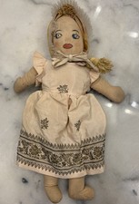 Vintage Rag Doll 1930s? Cloth 14”Blonde Yarn Pig Tails Hand Painted Hand Crafted