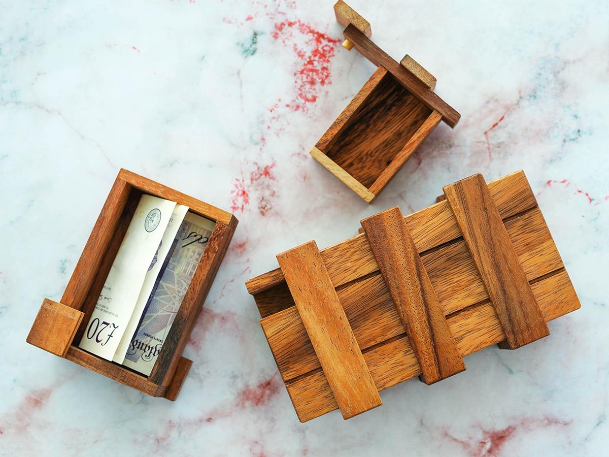 Secret Puzzle Box- Brain Teaser Wooden Box with Hidden