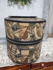 Vtg Tapestry Hat Box Train Case MCM Luggage TRAVEL Round  Wig Storage MEXICO  