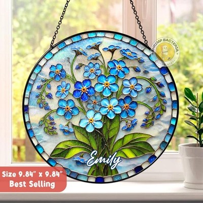 Personalized Forget Me Not Botanical Stained Glass Suncatcher
