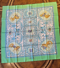 Hermes 100 Silk Scarf La Presentation Green, Blue 90cm. by Christiane Vauzelles