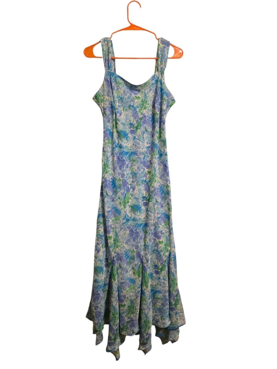 dressbarn Women's Floral Sleeveless Maxi Dress Blue Green Chiffon Size 8