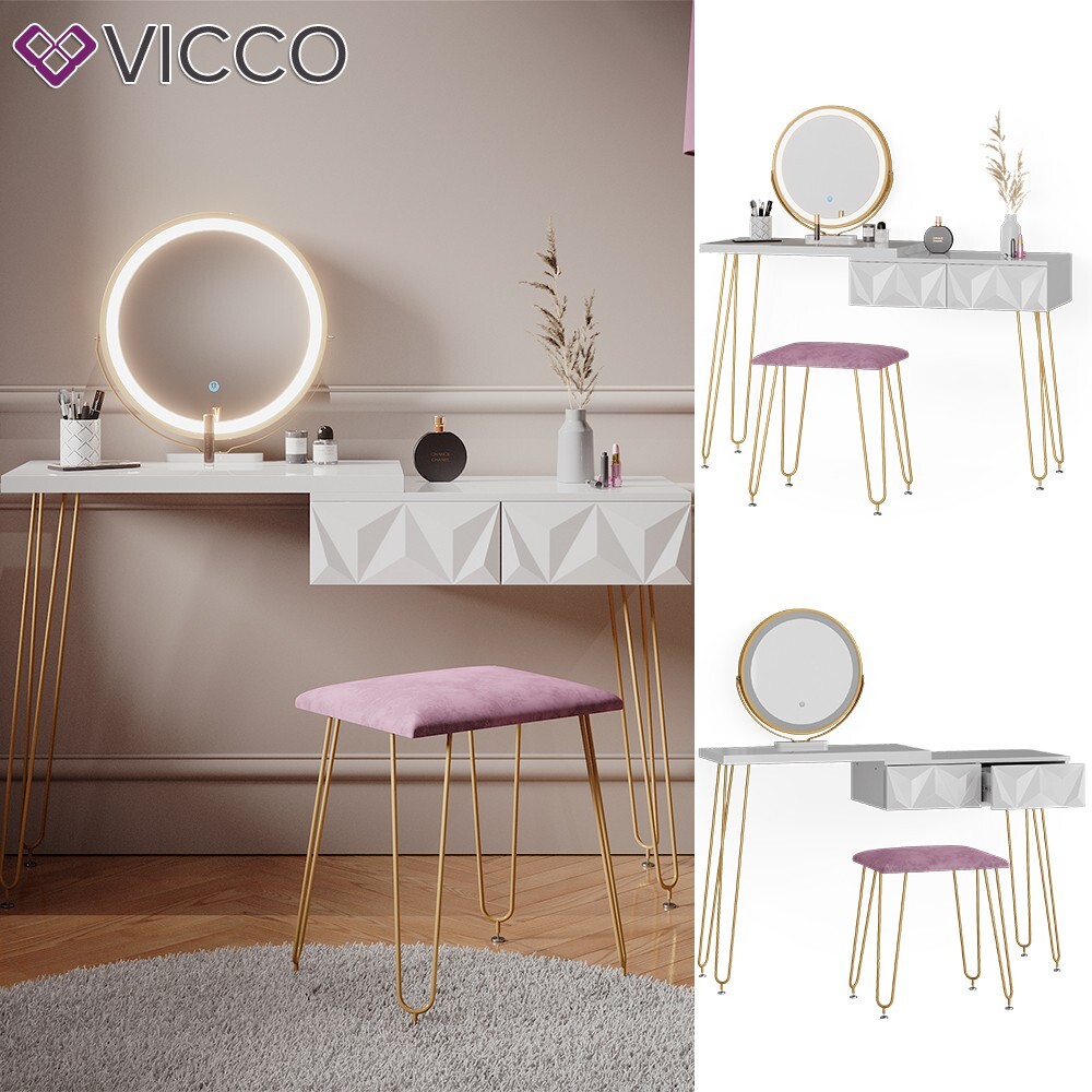 Coiffeuse Vicco Grace Avec Miroir LED Et Tabouret – Blanc – NEUVE