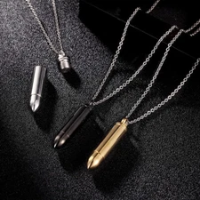 Stainless Steel Necklace Open Silver Bullet Pendant Pill Case Holder for Men