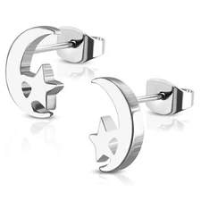 Stainless Steel Tiny Crescent Moon & Shining Star Stud Post Piercing Earrings