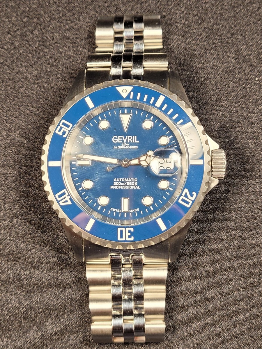 GEVRIL MEN'S WATCH WALL STREET AUTOMATIC BLUE FACE AND BEZEL 4853B