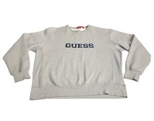 Vintage 90s Guess Sweatshirt Mens L Gray Spellout Crew Neck Pullover Sweater USA