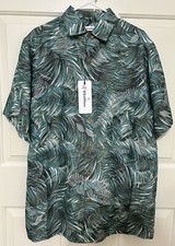 NWT Caribbean Roundtree  York L green floral short sleeve button up shirt mens