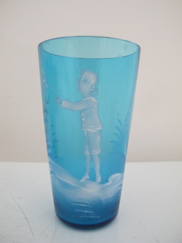 Antique MARY GREGORY Blue Glass GIRL & BOY with Dragonfly Butterfly Tumbler Set - Picture 6 of 7