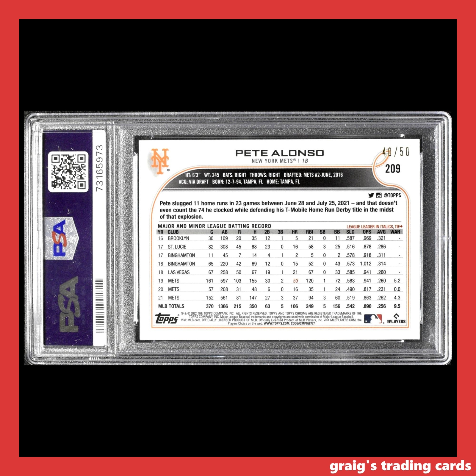 2022 Ben Baller Chrome Gold Refractor /50 #209 Pete Alonso PSA 10 view 2