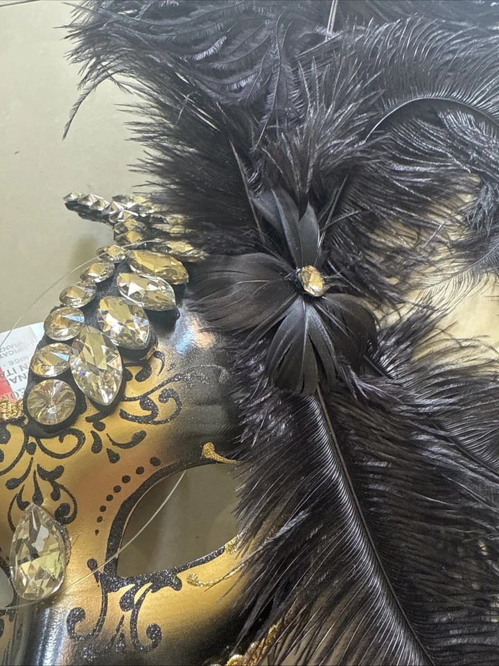 Venetian Mask Handmade In Italy Gold Black Lace Feathers Half Face Masquerade - Image 2 of 4