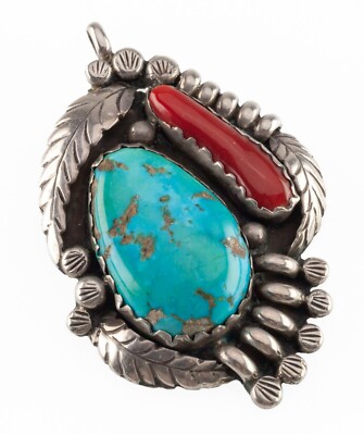 Juan Pedro Garcia Turquoise & Red Coral Sterling Silver Pendant 21.8gr