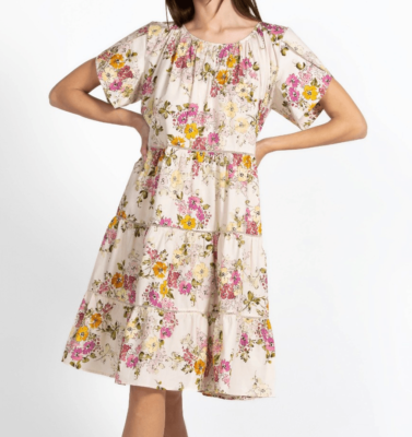 magnolia tiered floral mini dress FLORAL FRONT LACE UP RUFFLE TIERED MINI DRESS: BLUE MULTI