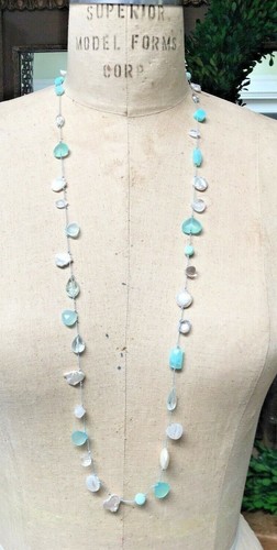Aquamarine Chalcedony Moonstone Pearl Necklace ESTATE - Picture 2 of 7