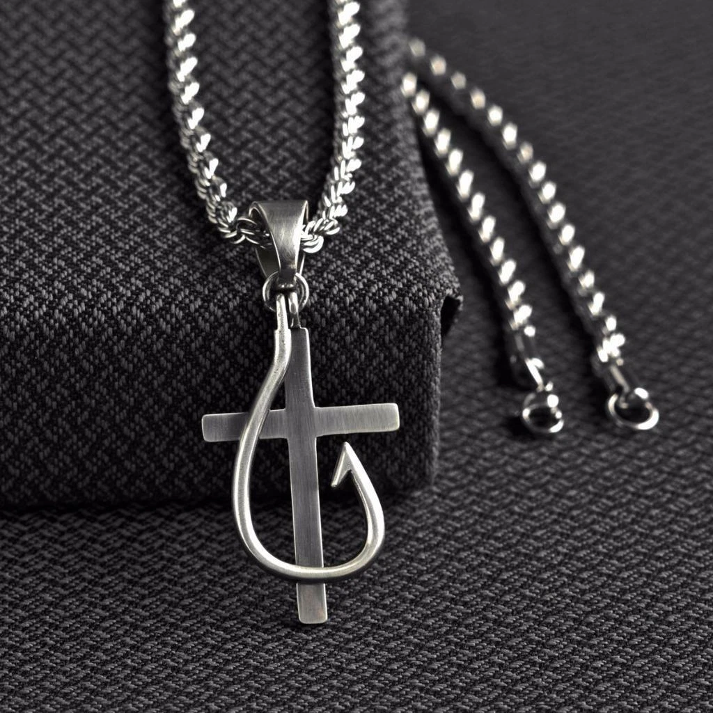 Twister Western Jewelry Mens Necklace Cross Fish Hook Silver 32134