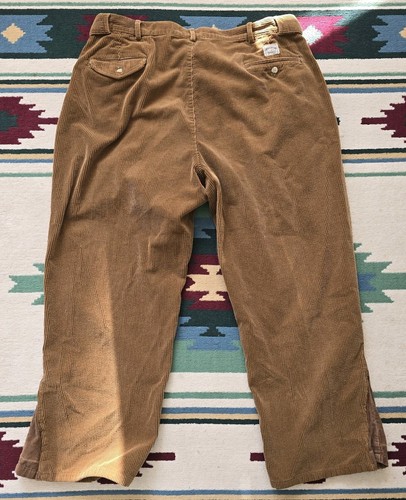 Brown 80s VTG polo cords Ralph Lauren straight-leg pants, 36x27, with button closure and belt loops on patterned rug.