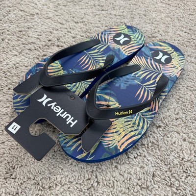 Hurley Flip Flops Mens Size 11 Blue Thong Sandals Tropical Palm Leaf Print NWT
