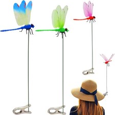 3PCS Outdoor Fake Dragonfly Rod Clip, Garden Metal Dragonfly Clip. Natural Organ