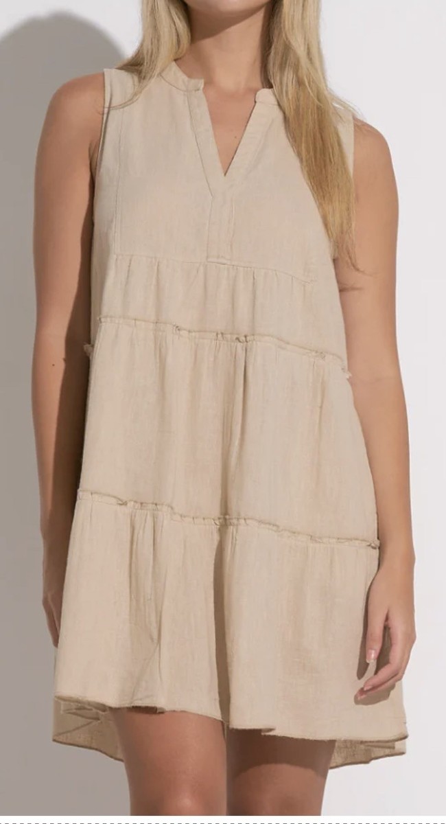 Elan Tiered Cotton Linen Blend Cover-Up Dress, Style# L5665, Size S, Sand