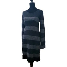 LOFT Sweater Dress Black Gray Striped Size Medium Wool Alpaca Blend Sequin