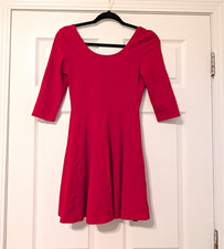 Express XS Solid Red Fit & Flare Dress Scoop Neck 3/4 Sleeve Short Zipper