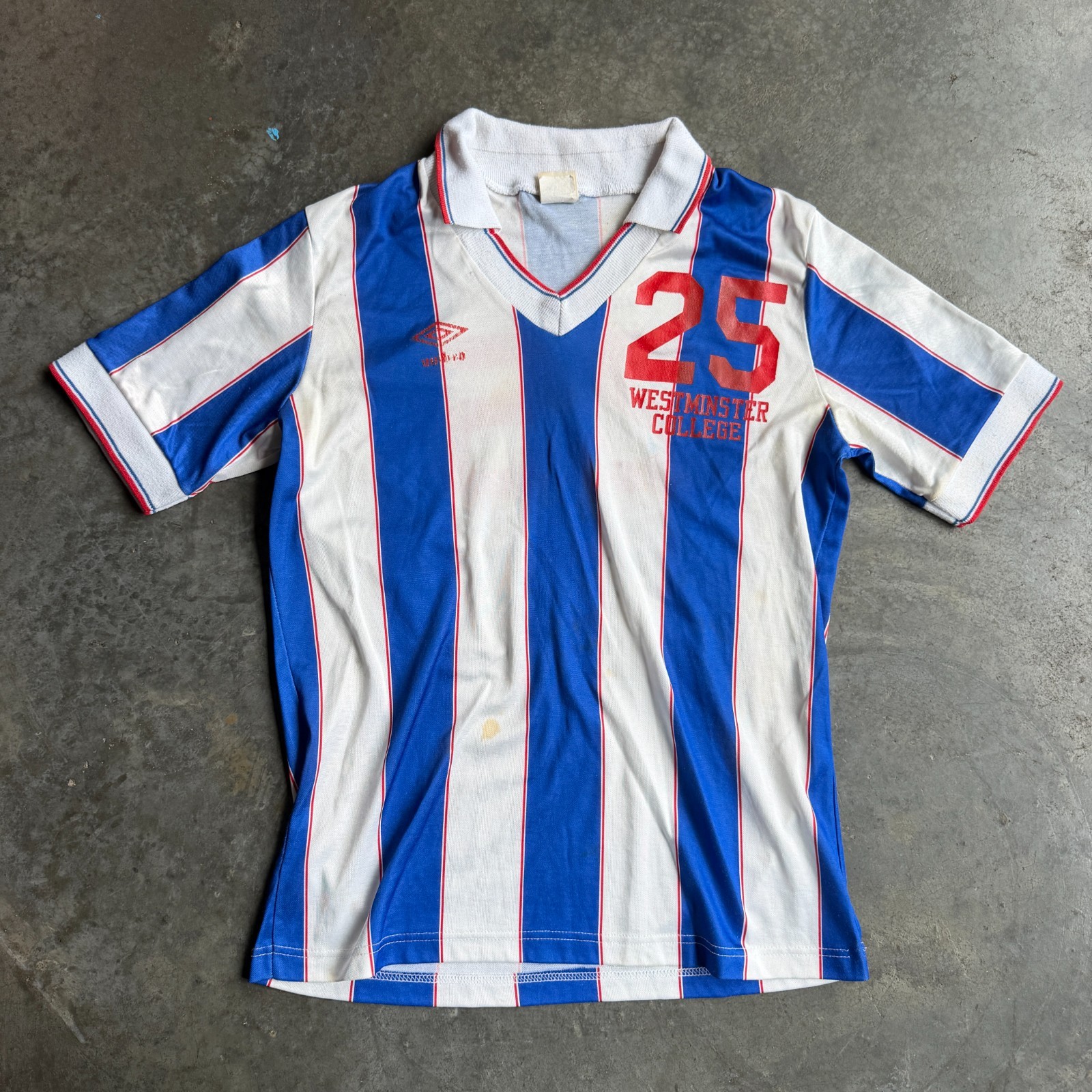 Vintage 80s Umbro Westminster College Striped Soccer Jersey Kit Collar Mens M